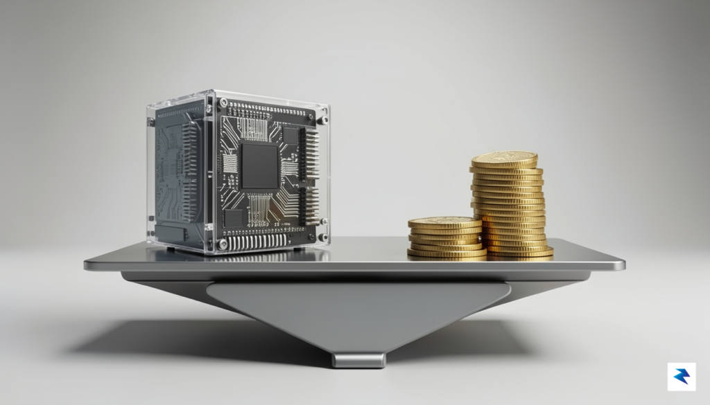 A conceptual visualization showing a digital scale balancing a heavy,&hellip;