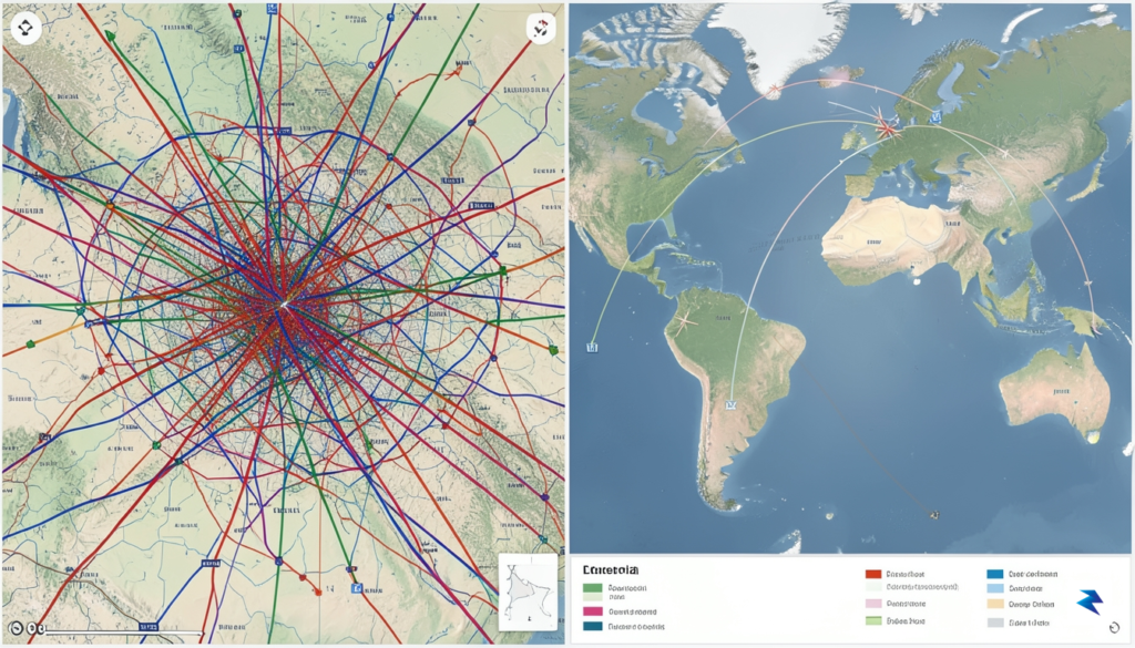 A digital data visualization showing a split-screen map of flight&hellip;