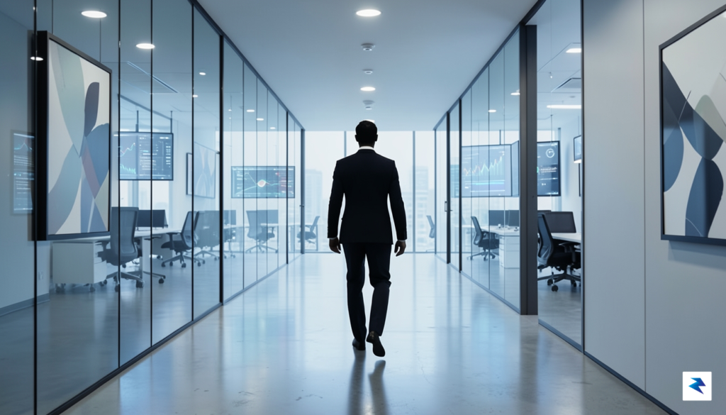 A conceptual digital illustration showing a modern, glass-walled corporate office&hellip;