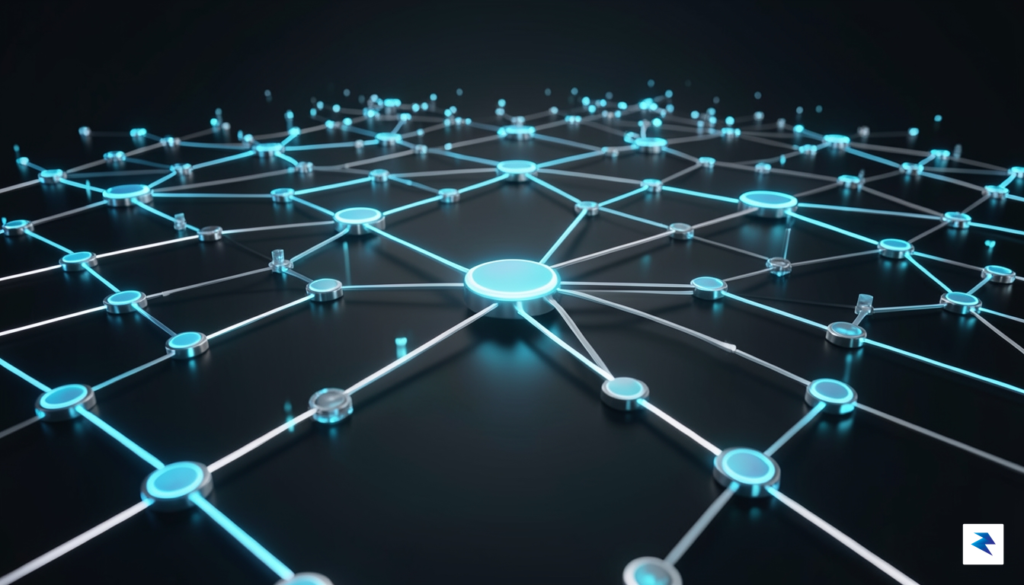 A sleek, futuristic digital visualization of a decentralized blockchain network&hellip;