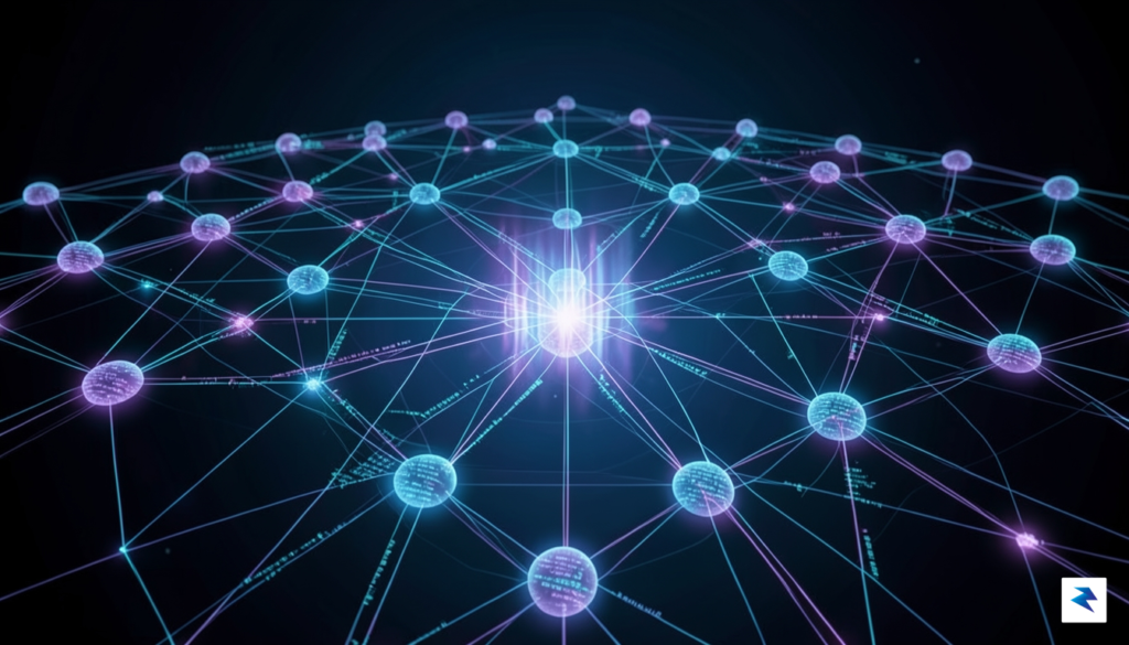A digital conceptual illustration showing a network of glowing nodes&hellip;