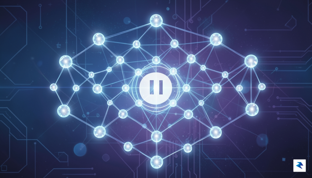 A conceptual digital visualization showing a glowing, interconnected blockchain node&hellip;