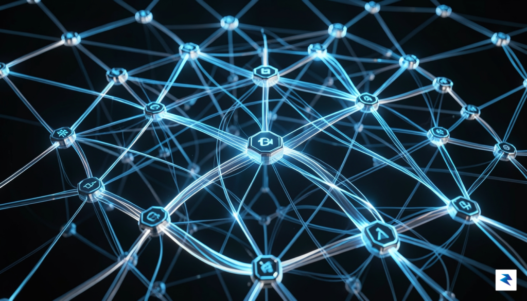 A digital visualization showing a complex web of blockchain nodes&hellip;