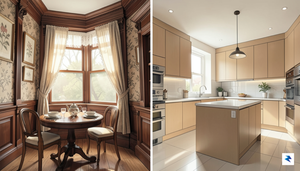 A split-screen illustration showing a cozy, sunlit breakfast nook in&hellip;