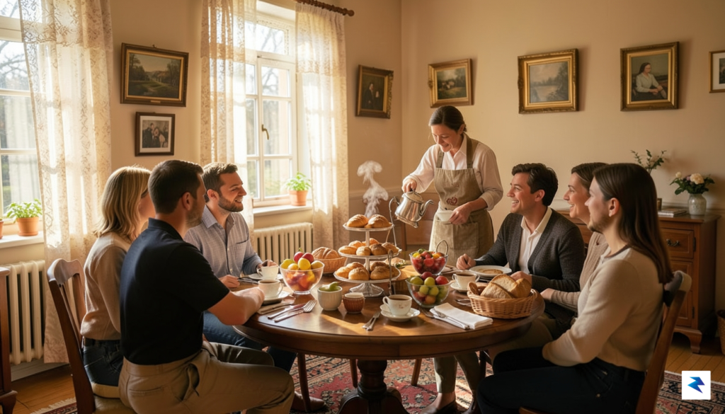 A cozy, sunlit breakfast room in a historic B&B where&hellip;