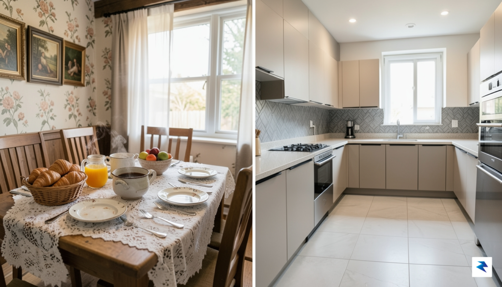 A split-screen comparison showing a rustic, cozy B&B breakfast spread&hellip;