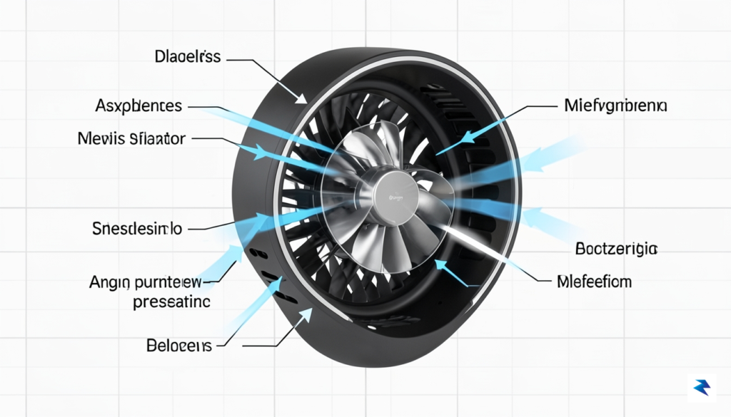 A detailed cutaway diagram of a bladeless neck fan, showing&hellip;