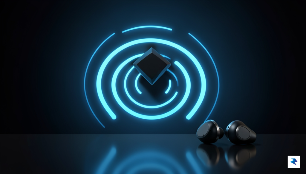 A conceptual digital illustration showing a glowing Bluetooth signal wave&hellip;