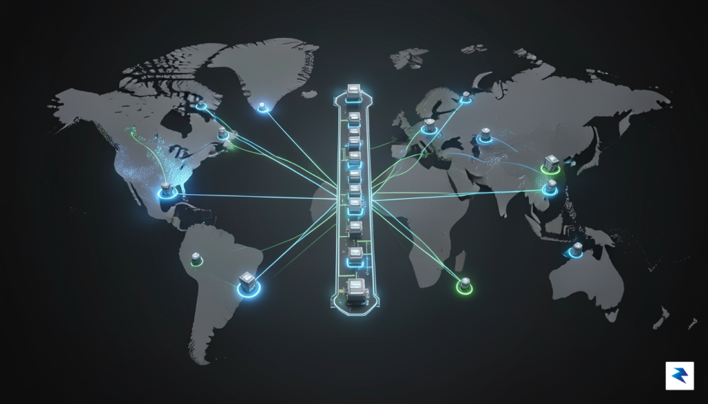 A conceptual digital illustration showing a complex global supply chain&hellip;