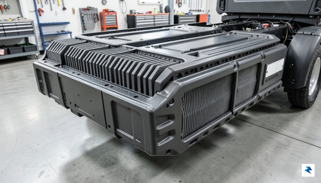 A close-up, high-resolution shot of a modern electric truck's battery&hellip;