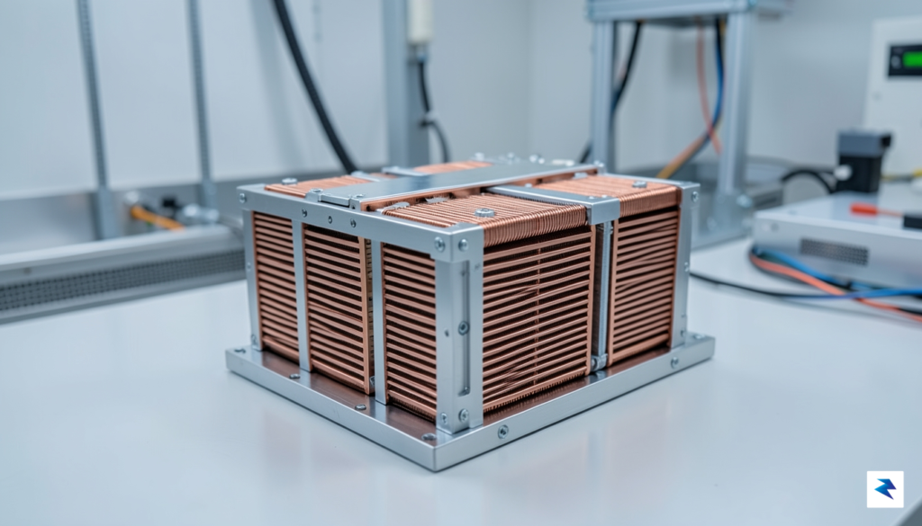 A close-up, high-tech studio shot of a modular battery pack&hellip;