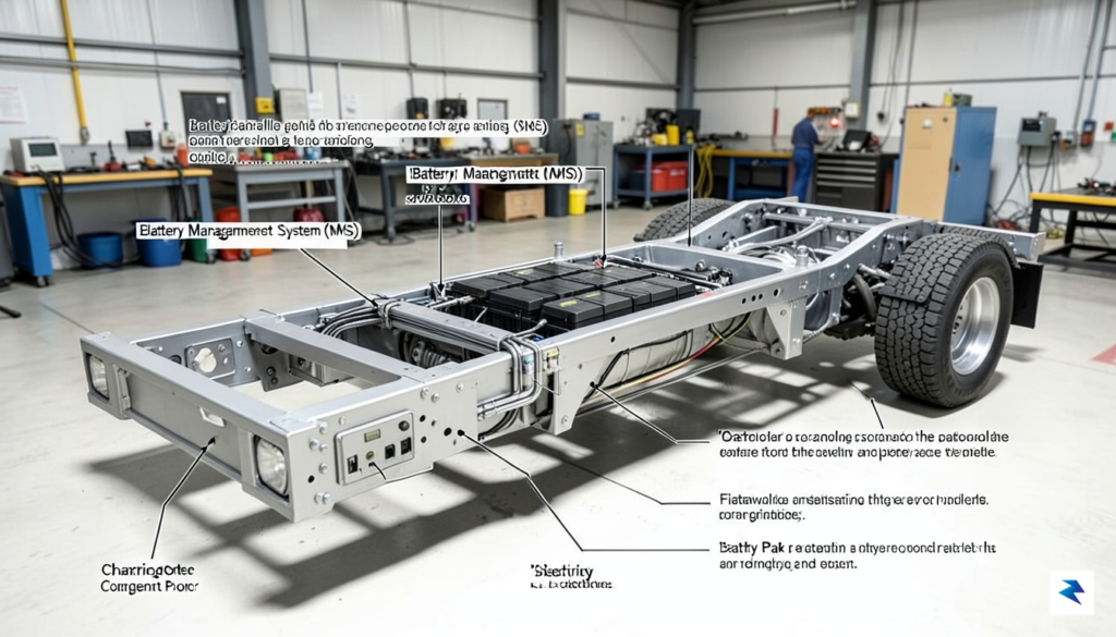 A detailed technical cross-section diagram of an electric truck chassis,&hellip;