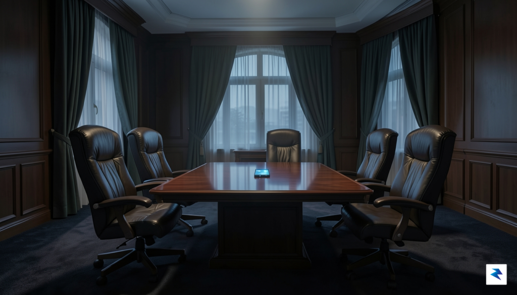 A conceptual illustration showing a dimly lit executive boardroom with&hellip;