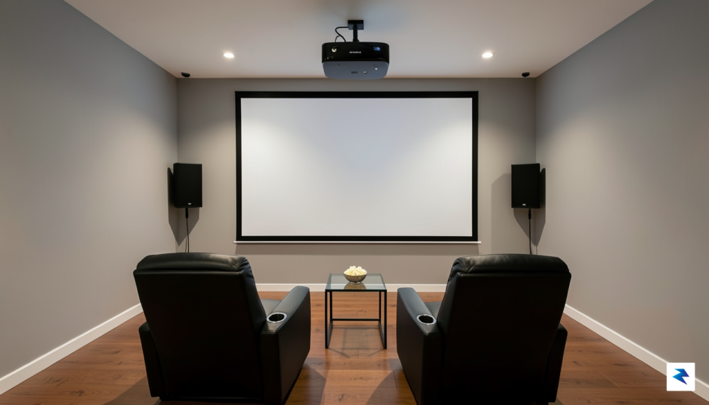 A sleek, modern home theater room featuring a BenQ W4100i&hellip;