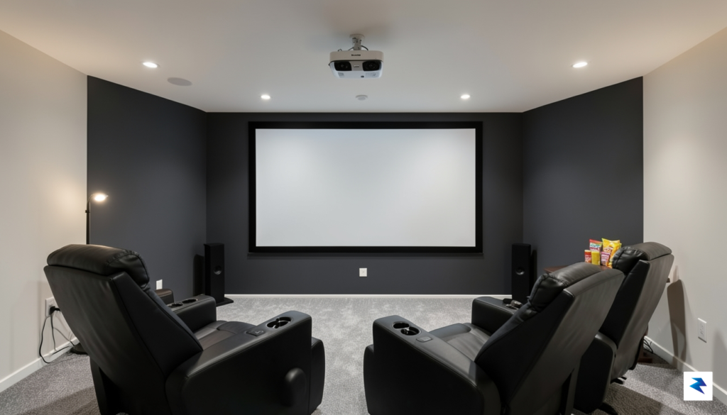 A modern, minimalist home theater room featuring a massive projection&hellip;