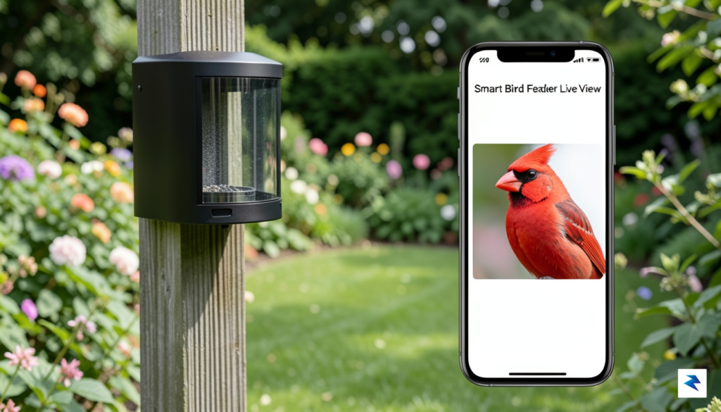 A sleek, modern smart bird feeder mounted on a wooden&hellip;
