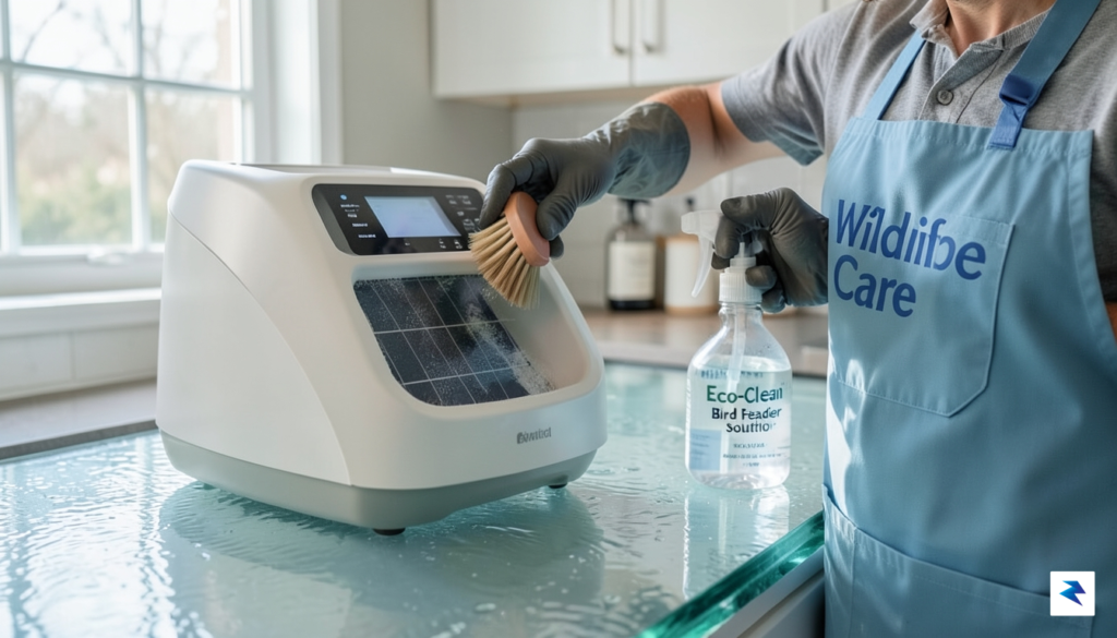 A person cleaning a smart bird feeder with a brush&hellip;