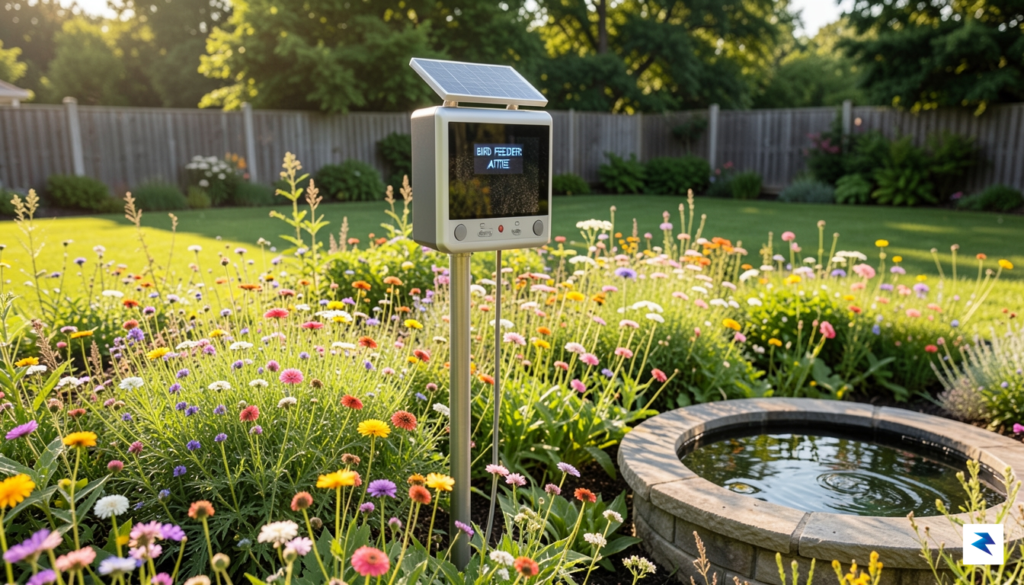 A wide-angle, vibrant backyard garden scene featuring a smart bird&hellip;