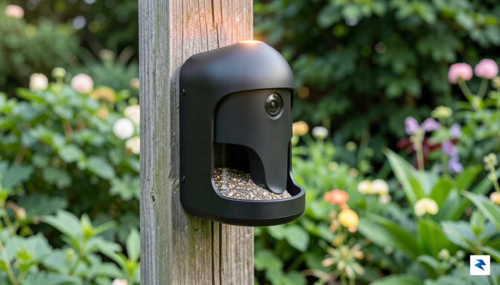 A close-up shot of a modern smart bird feeder mounted&hellip;
