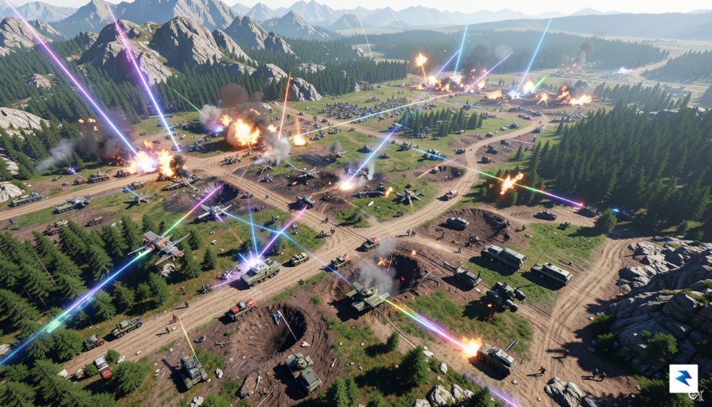 A wide-angle top-down tactical view of a sprawling battlefield in&hellip;