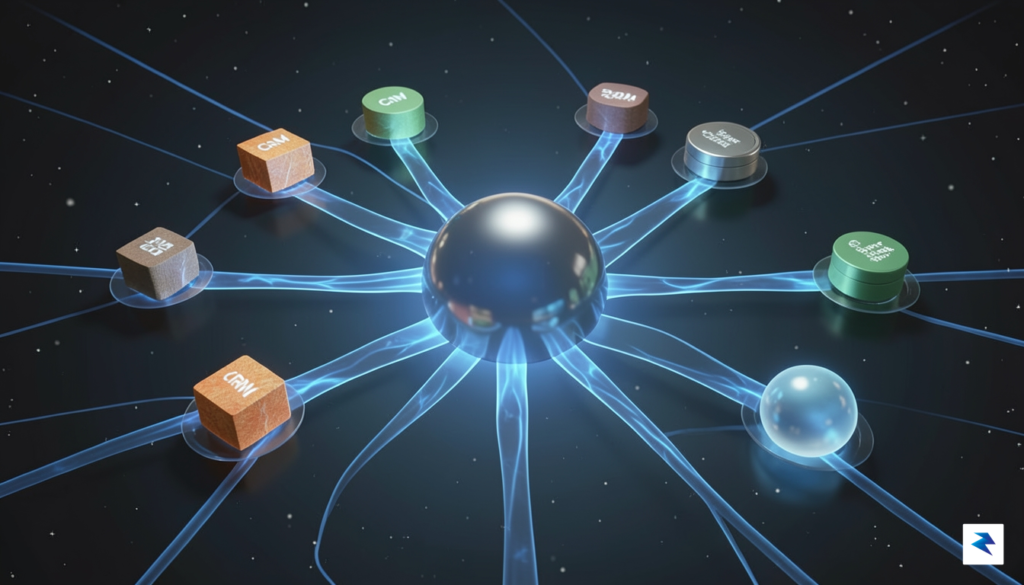 A conceptual digital visualization showing a central AI hub connecting&hellip;