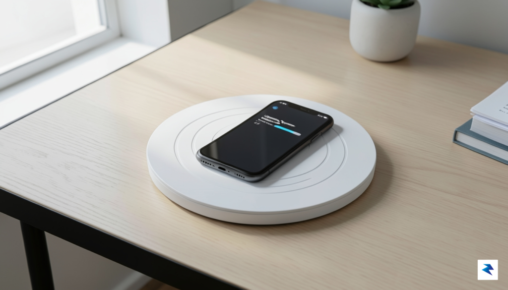 A clean, modern smartphone resting on a wireless charging pad&hellip;