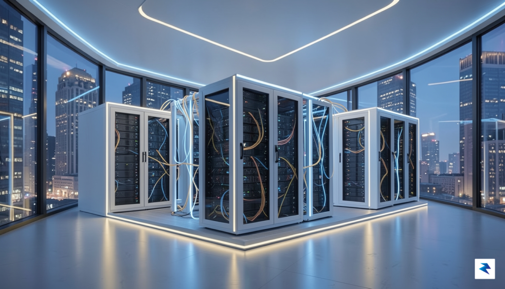 A futuristic, sleek server room architecture glowing with soft blue&hellip;