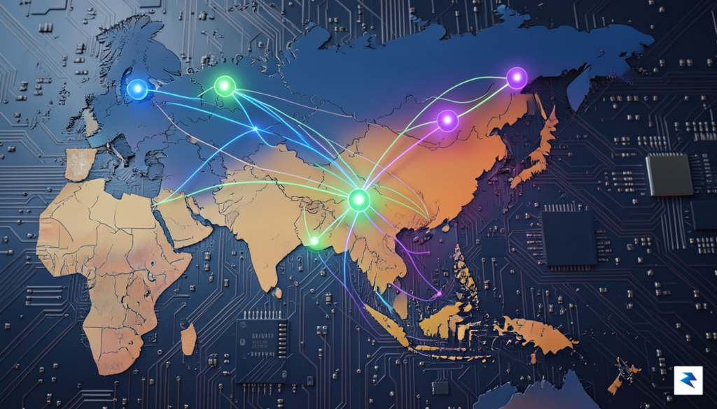 A stylized map of Asia with glowing nodes representing AI&hellip;