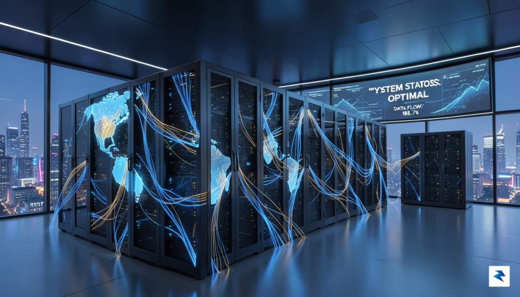 A sleek, futuristic data center interior featuring glowing blue and&hellip;