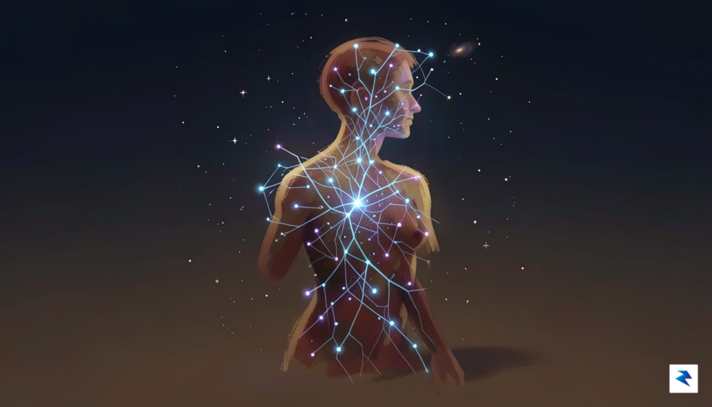 A conceptual digital illustration showing a glowing, interconnected neural network&hellip;