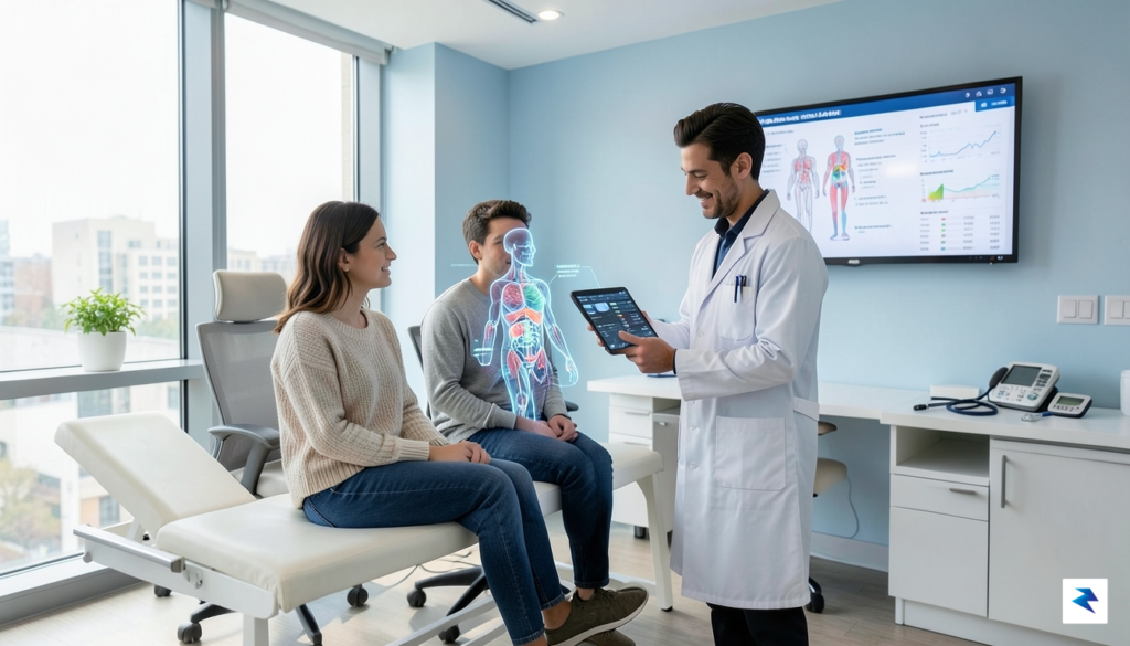 A modern, brightly lit clinical consultation room where a patient&hellip;
