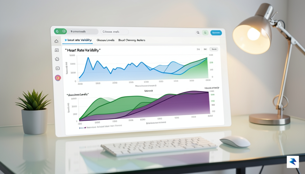 A sophisticated digital dashboard interface displaying overlapping graphs of heart&hellip;