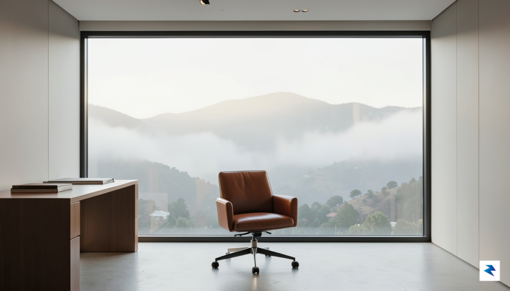 A minimalist, high-end home office overlooking the foggy hills of&hellip;
