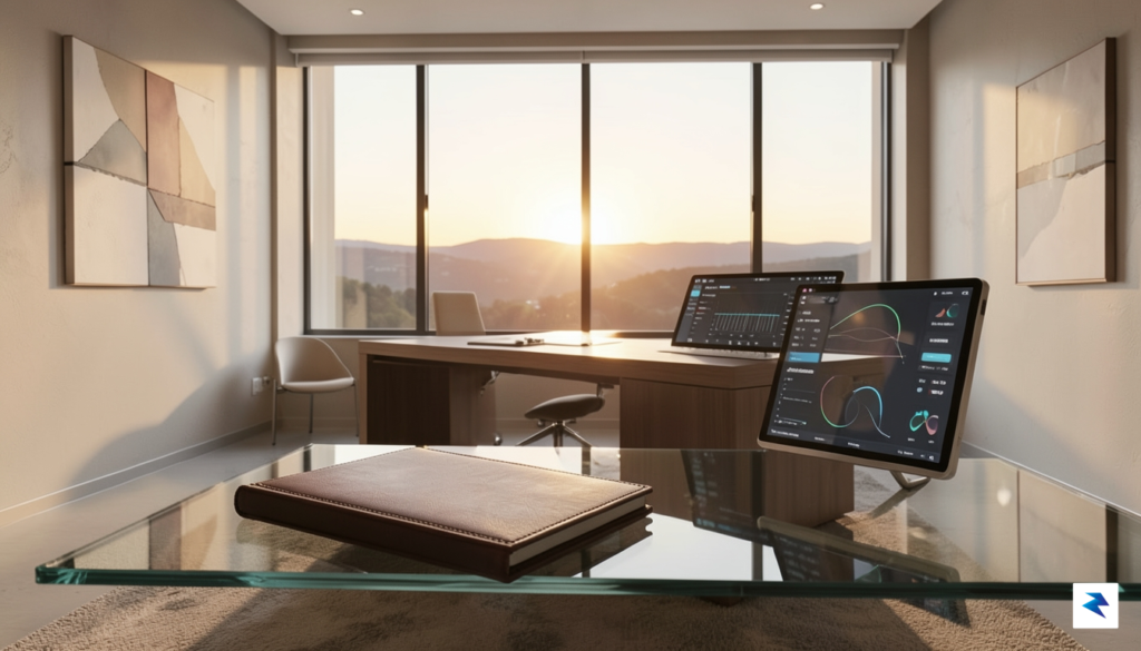 A high-end, minimalist professional office overlooking a sunset landscape, featuring&hellip;