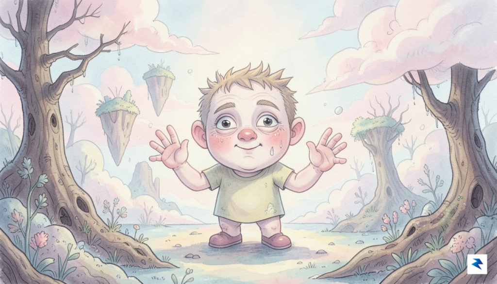 A surreal, AI-generated children's book illustration showing a character with&hellip;