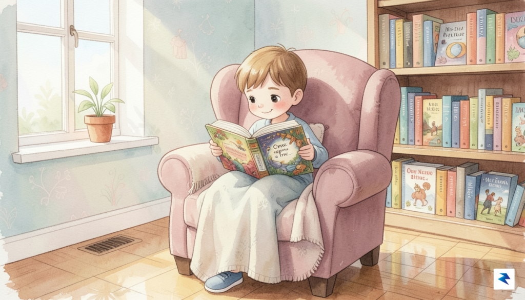 A serene, cozy illustration of a child reading a book&hellip;