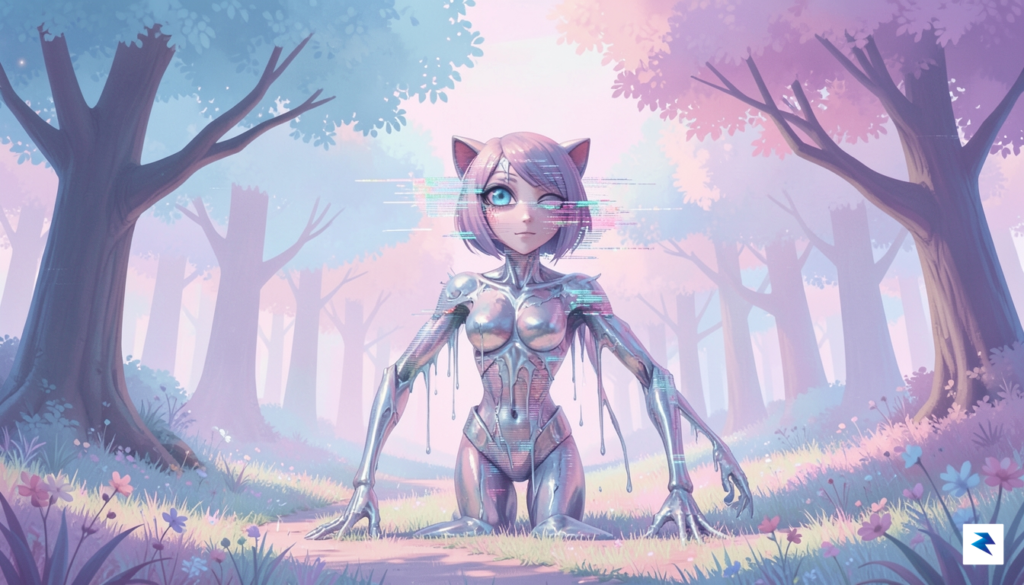 A surreal, glitch-art style illustration showing a digital character with&hellip;