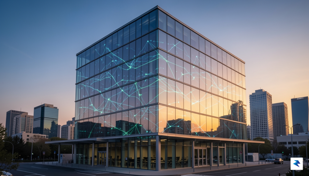 A sleek, modern glass office building exterior during a sunset,&hellip;