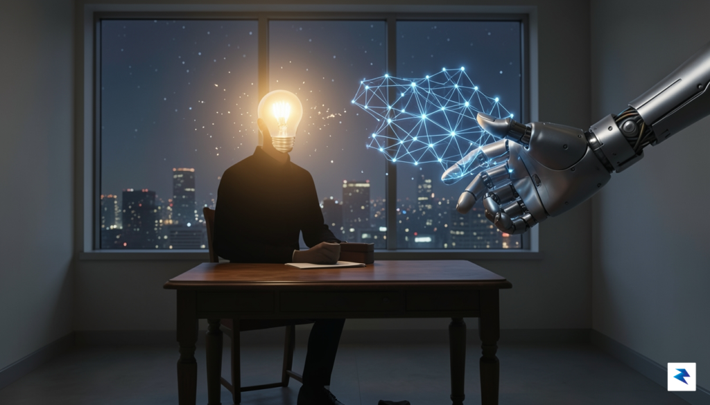 A conceptual digital art piece showing a human silhouette sitting&hellip;