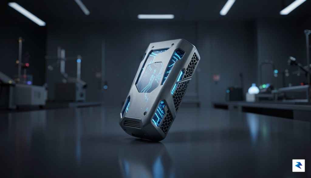 A conceptual 3D render of a futuristic, ergonomic handheld gaming&hellip;