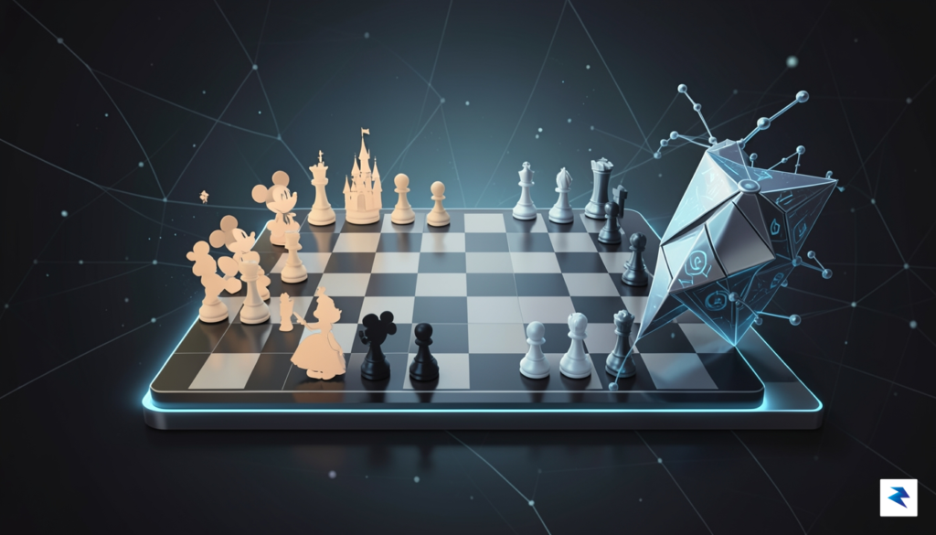 A conceptual illustration showing a digital chessboard where iconic Disney&hellip;