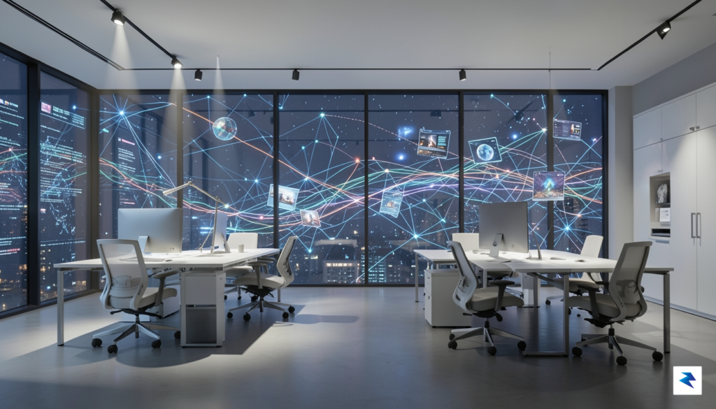 A modern, minimalist office space overlooking a digital landscape representing&hellip;