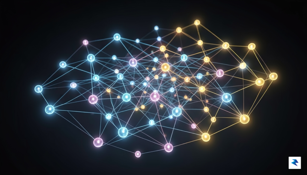 A digital visualization showing a network of interconnected glowing nodes&hellip;