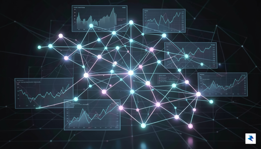 A digital illustration showing a complex, glowing network of interconnected&hellip;