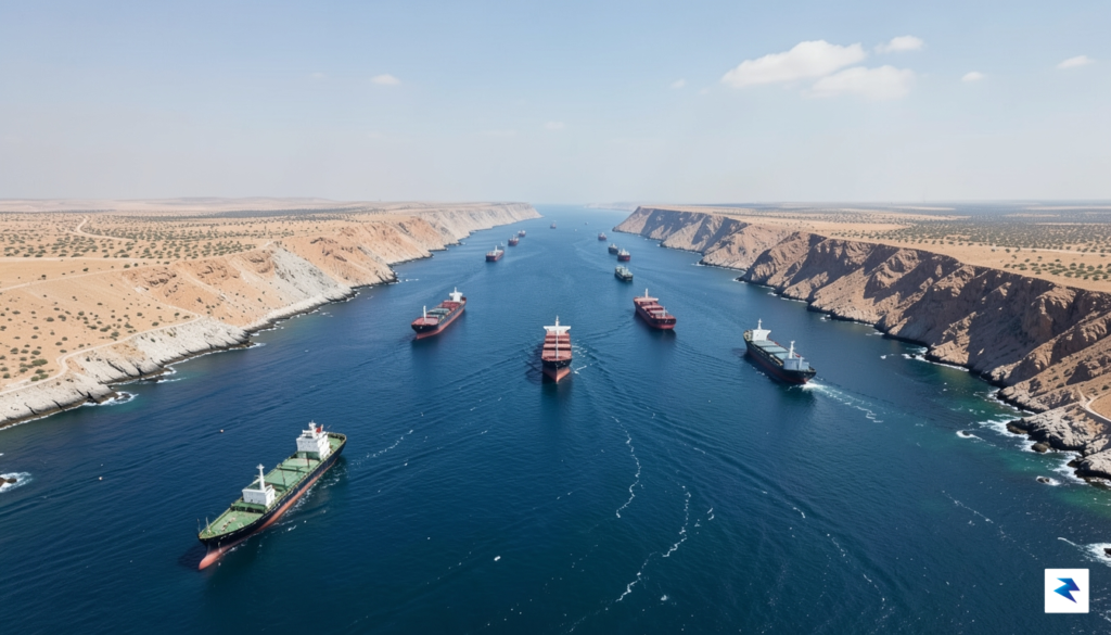 A high-angle, cinematic satellite-style view of the Strait of Hormuz,&hellip;