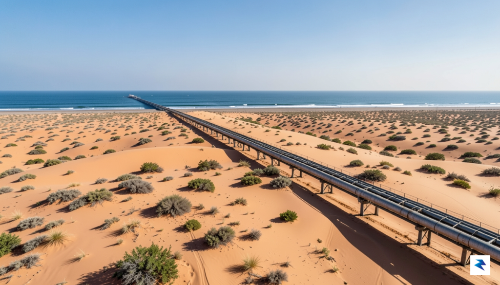 A modern, high-resolution aerial view of a massive oil pipeline&hellip;