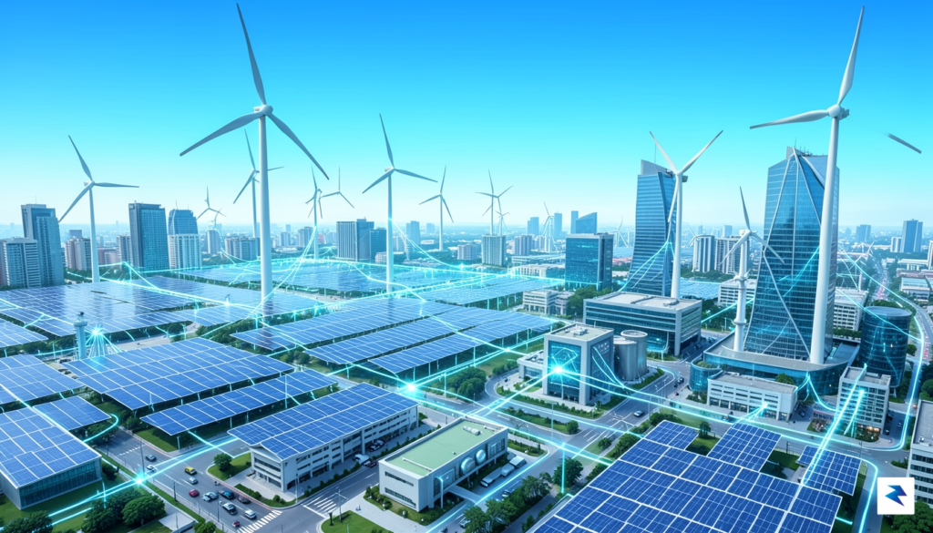 A conceptual digital illustration showing a futuristic, interconnected energy grid&hellip;