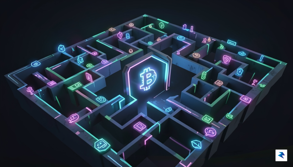A conceptual digital illustration showing a complex maze of glowing&hellip;