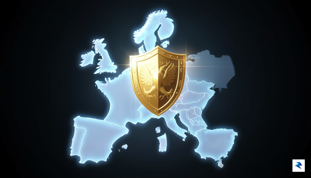 A conceptual digital illustration of a glowing European Union map&hellip;