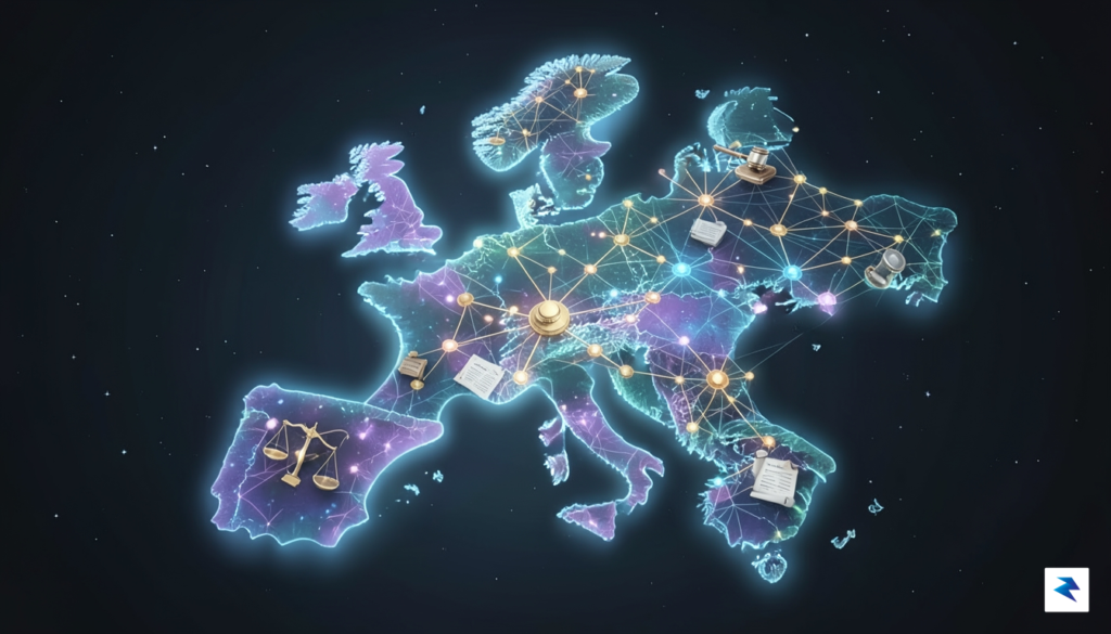 A conceptual digital illustration of a glowing European map integrated&hellip;